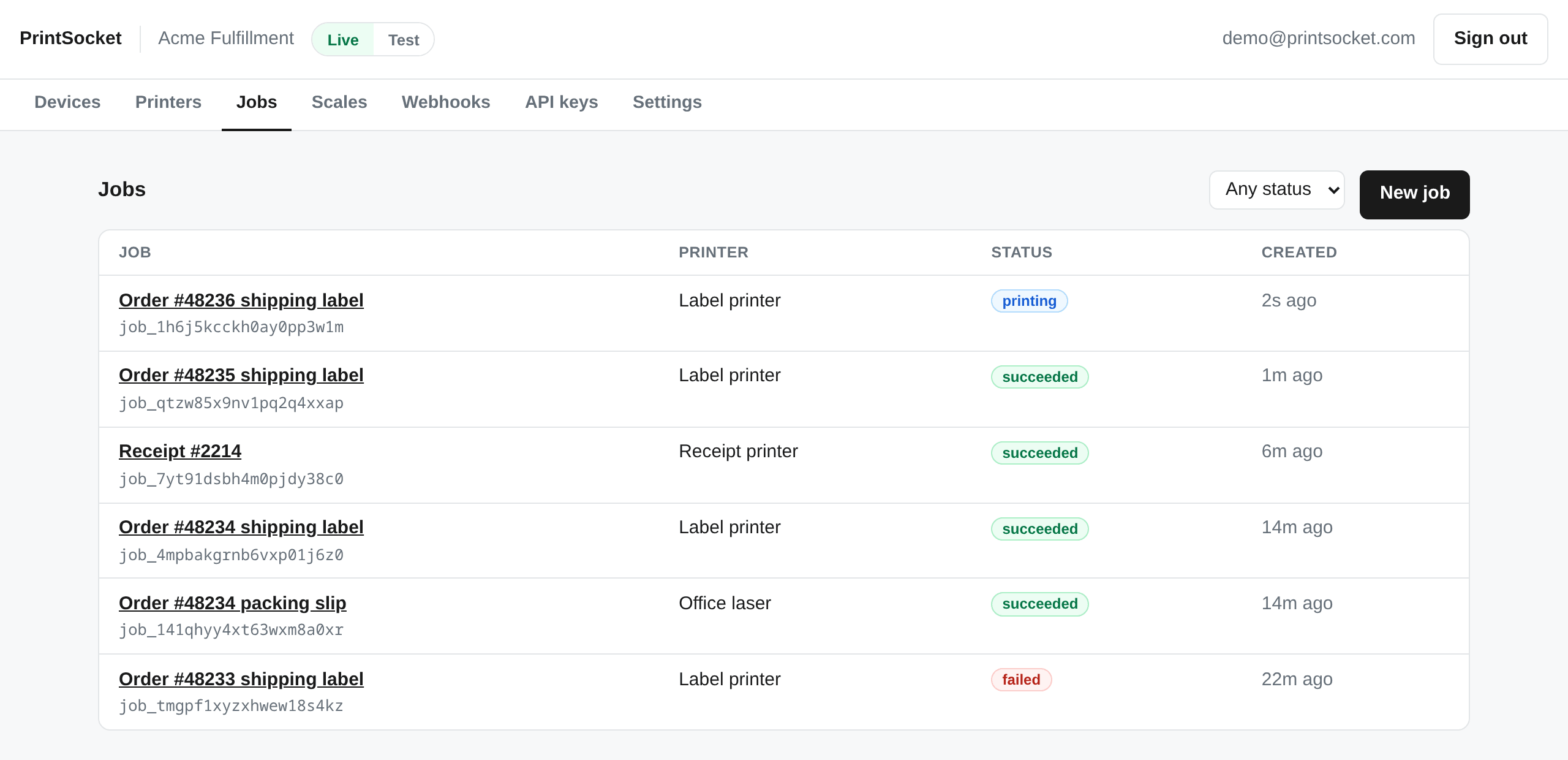 The PrintSocket dashboard's job list: shipping labels, a receipt, and a packing slip across three printers, with one job printing, four succeeded, and one failed.